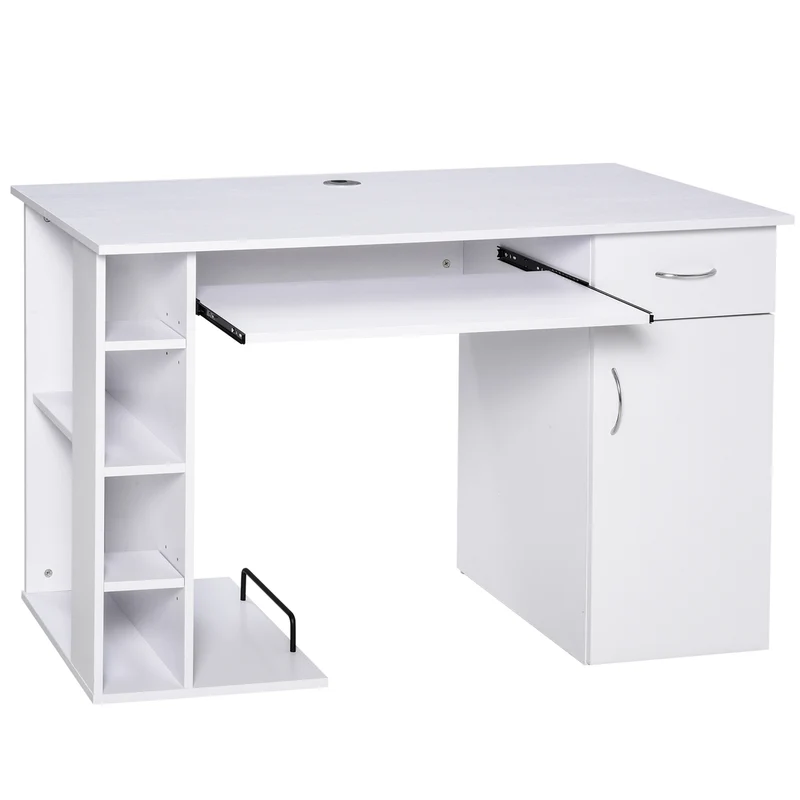 Bureau informatique multi rangements 120 x 60 x 74 cm tiroir et tablette clavier scandinave pour bureau en MDF blanc 21_0006117