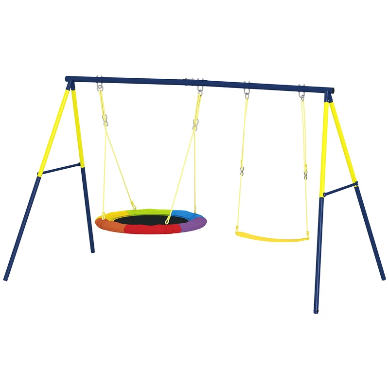 Balançoire portique enfant double 265 x 160 x 178 cm stabilité réglable nid et ceinture jardin scandinave en acier bleu 21_0000386