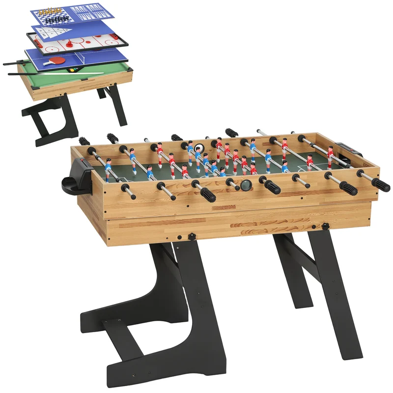 Table multijeux pliable compact 120 x 106 x 82 cm 13 jeux accessoires inclus salon design moderne en MDF noyer clair 21_0006659