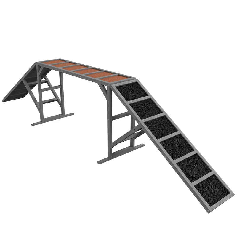 Rampe d'agilité pour chien inclinée 335 x 55 x 60 cm antidérapante barres de sécurité rustique extérieur en bois gris 21_0007482