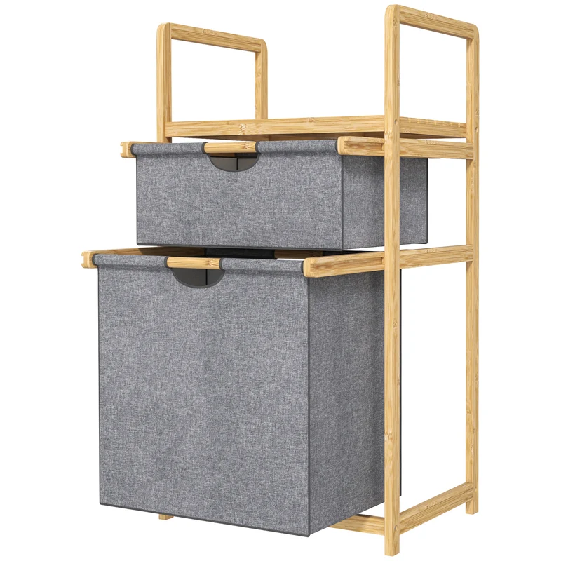 Panier à linge à 2 compartiments 44 x 34 x 84,5 cm tri ventilation étagère intégrée style scandinave en bambou naturel 21_0005871
