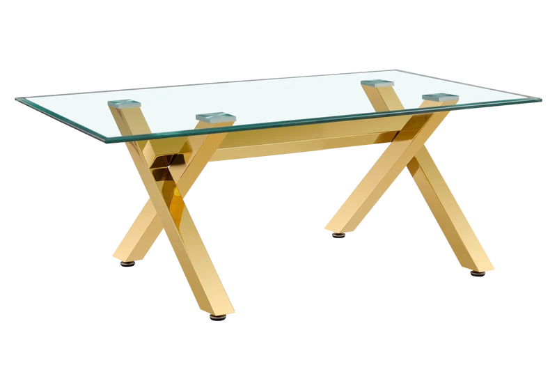 Table basse verre trempé pieds X dorés - Cross