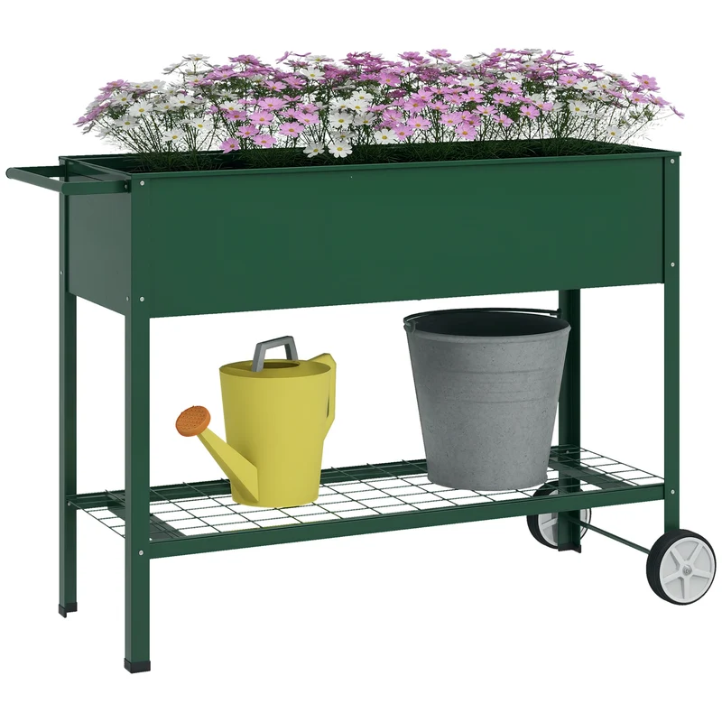 Jardinière sur pieds potager balcon terrasse jardin 109 x 44 x 80 cm roulettes et étagère moderne design en métal vert 21_0004169