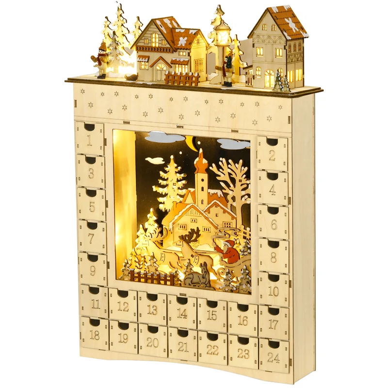 Calendrier de l'avent village enneigé lumineux 36 x 9 x 52 cm 24 tiroirs rangement prémonté scandinave en MDF naturel 21_0001286