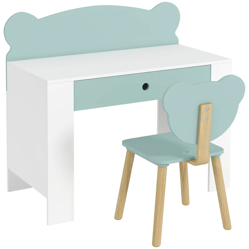 Bureau enfant avec chaise 80 x 41 x 74.5 cm tiroir rangement dossier en forme d'ours ludique scandinave en MDF vert 21_0000224