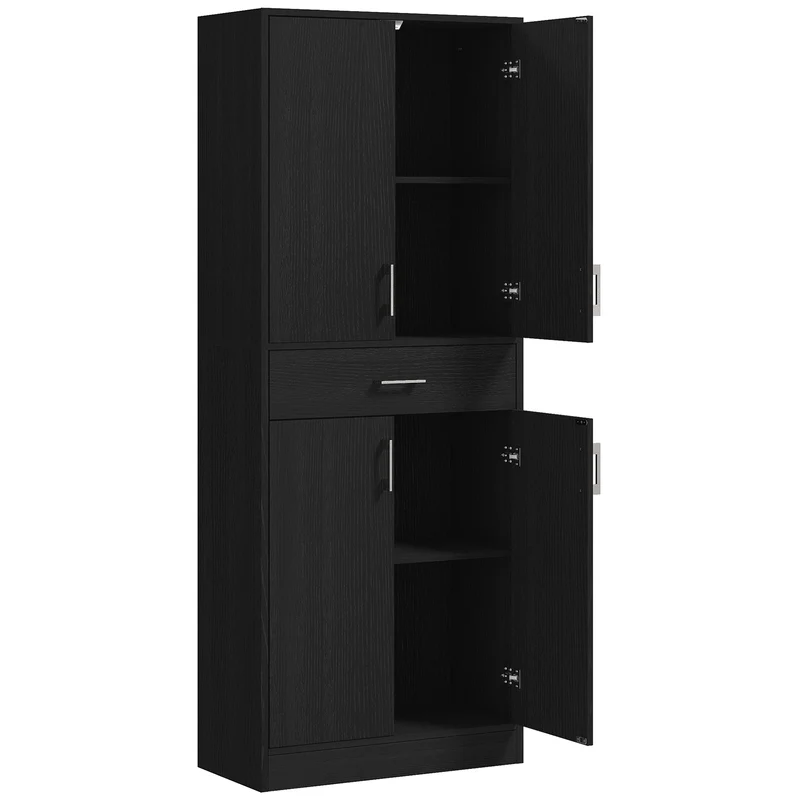 Buffet haut armoire de cuisine 70,8 x 34 x 180 cm rangement optimisé étagères réglables style contemporain en MDF noir 21_0003206