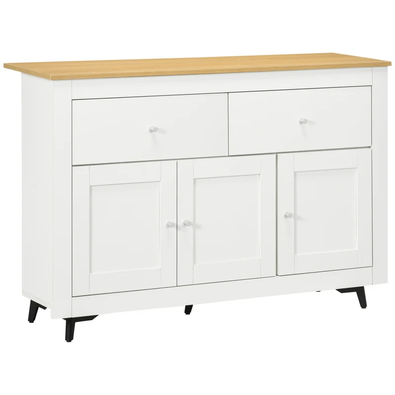 Buffet bas 117 x 35 x 80 cm 2 tiroirs 3 portes étagère réglable pour salon moderne épuré en panneau de particules blanc 21_0002342