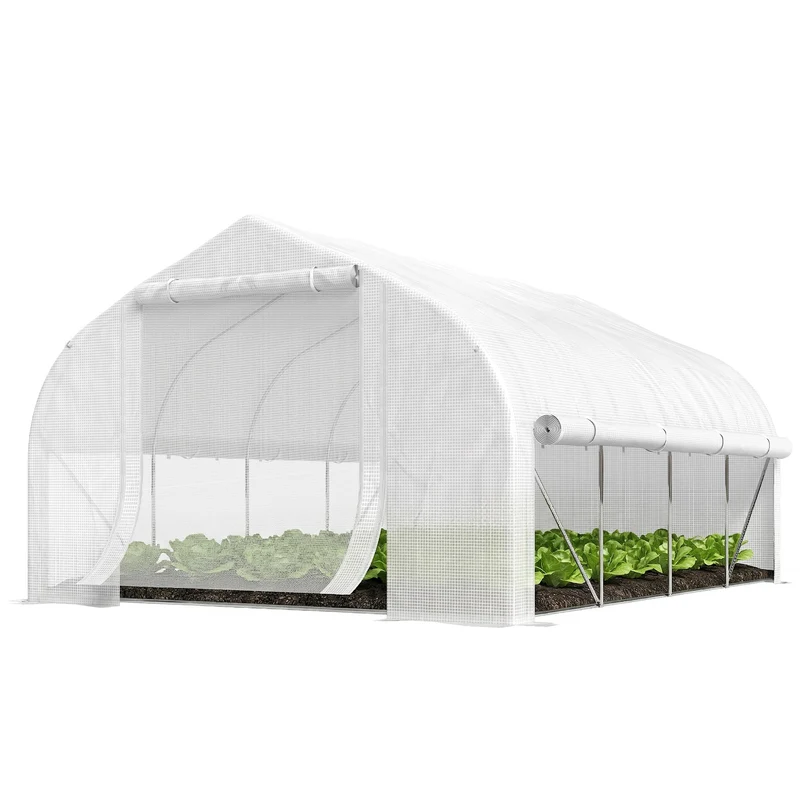Serre tunnel de jardin 395 x 300 x 200 cm abri contre intempéries ventilation porte et 8 fenêtres épuré en pe blanc 21_0004333