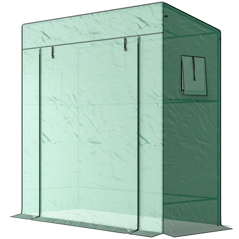 Serre murale adossée protection 196 x 77 x 197/178 cm porte enroulable 2 fenêtres jardin moderne en polyéthylène vert 21_0005430