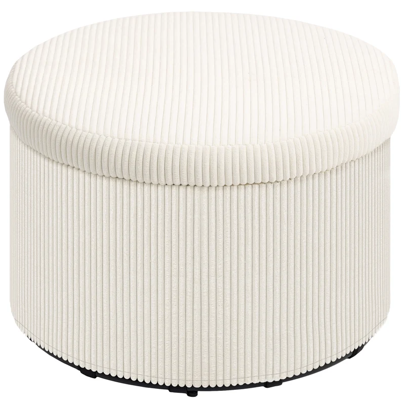 Pouf coffre rond siège d'appoint 60 x 41 cm rangement 97 l assise mousse contemporain design cosy en velours côtelé beige 21_0002968