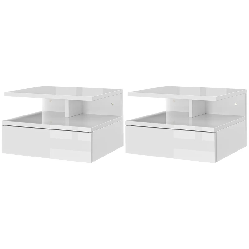 Lot de 2 tables de chevet murales 35 x 32 x 22,5 cm gain de place tiroir niche design en panneau de particules blanc 21_0001455