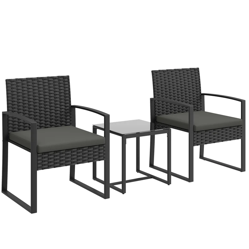 Salon de jardin 2 places 55 x 58 x 76 cm assise rembourrée coussins amovibles style scandinave en résine tressée noire 21_0006023