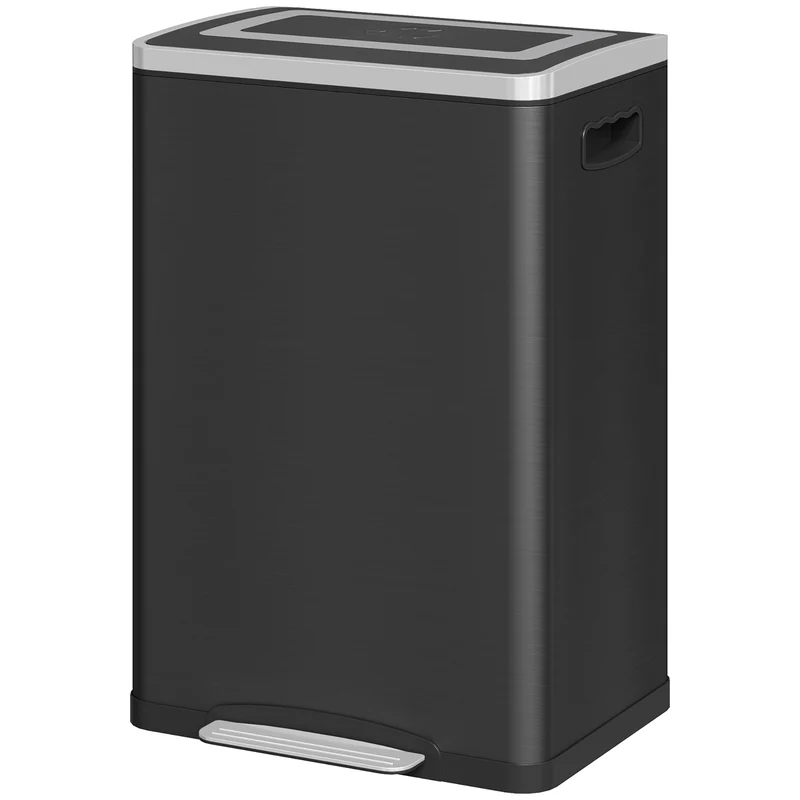 Poubelle de cuisine 2 compartiments 40 x 35 x 59 cm tri facile couvercle fermeture douce moderne en acier inoxydable noir 21_0005918