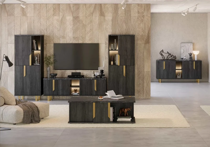 Mur TV mat palissandre noir doré ORION