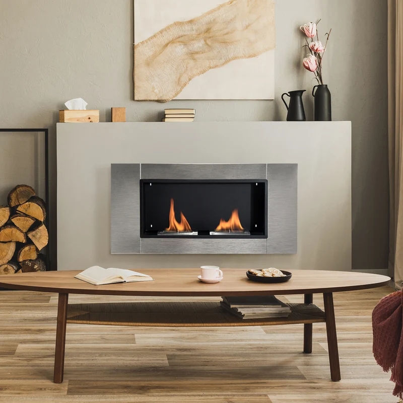 Cheminée bioéthanol encastrable murale chambre 110 x 14,5 x 54 cm flammes sans fumée design en acier inoxydable gris 21_0000793