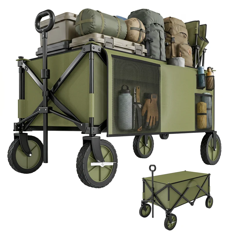 Chariot de jardin pliable extérieur 108 x 55 x 93 cm pliage rapide 4 roues freinées moderne contemporain en acier vert 21_0004309
