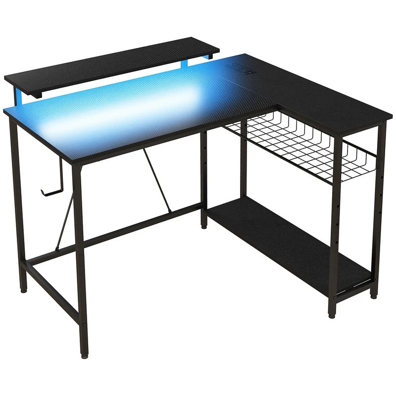 Bureau d'angle ordinateur 107 x 80 x 90 cm avec led télécommande prises usb intégrées rangement moderne en mélamine noir 21_0006132