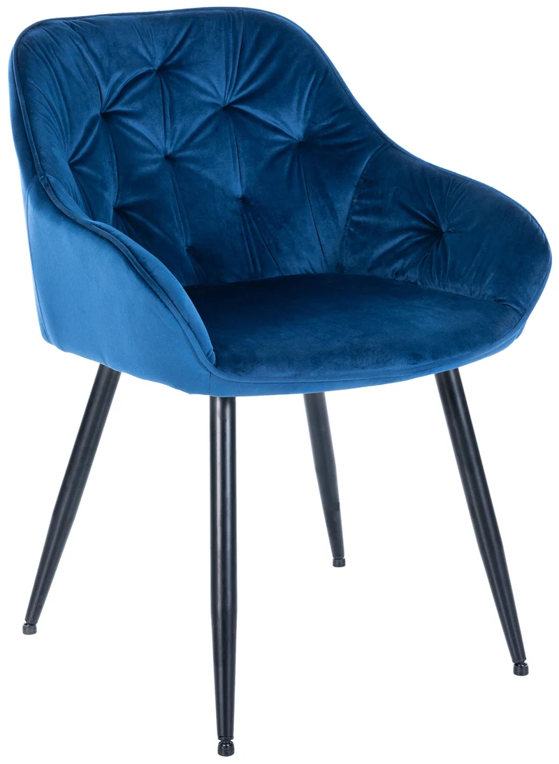 Chaise de salle à manger retro assise capitonnné en velours bleu et pieds en métal noir 10_0005490