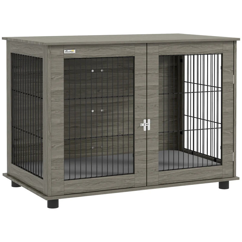 Cage pour chien table 100 x 60 x 73,5 cm coussin déhoussable porte verrouillable design en panneau de particules gris 21_0007308