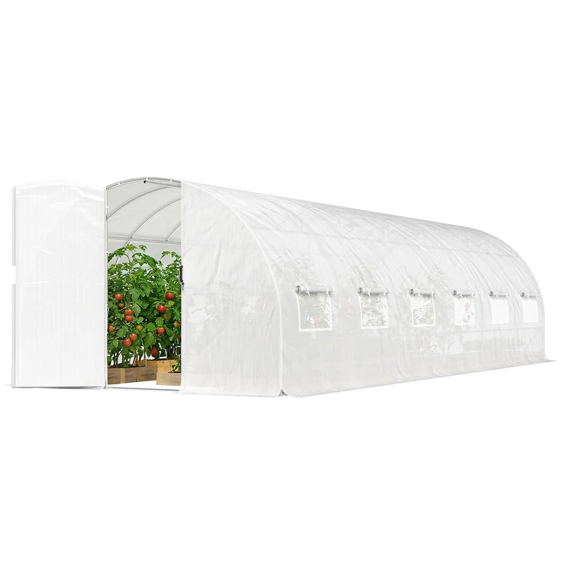 Serre tunnel de jardin 295 x 798 x 199 cm ventilation réglable porte battante style moderne contemporain en pe blanc 21_0005590