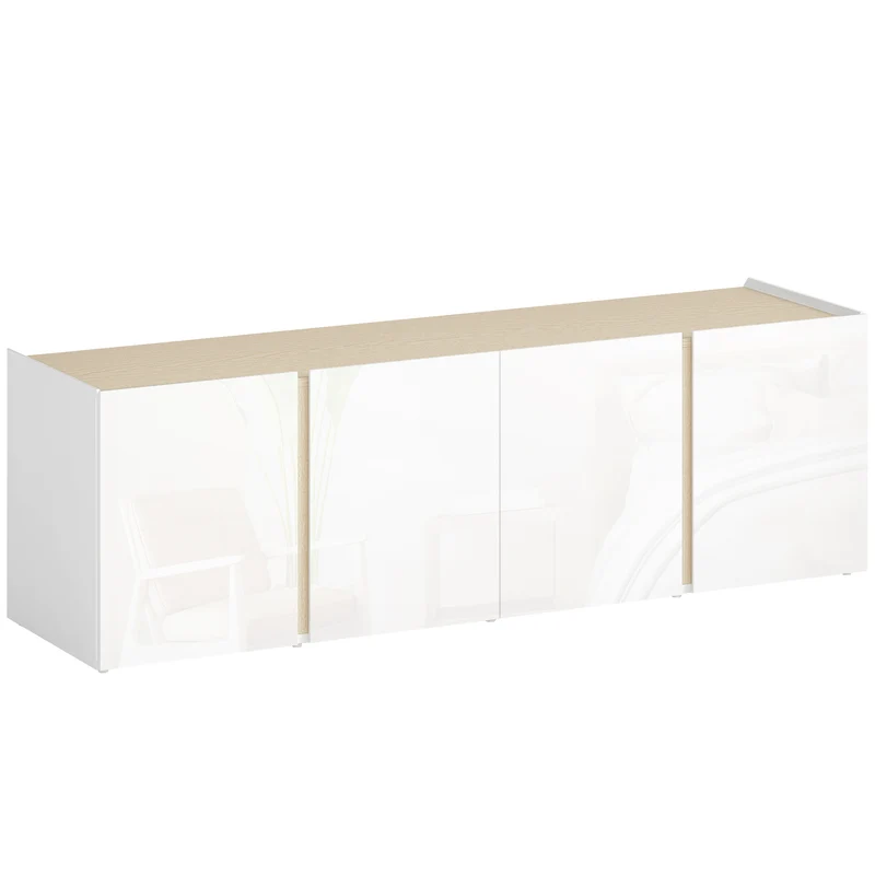 Meuble tv salon 135 x 38 x 45 cm 2 portes à fermeture douce passe câbles design moderne en panneau de particules blanc 21_0003530