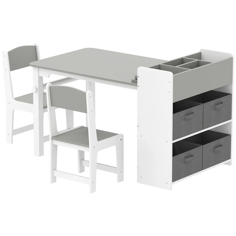 Ensemble table 2 chaises enfant 102,5 x 58 x 64 cm avec rangement et rouleau papier pratique scandinave en MDF gris 21_0000226