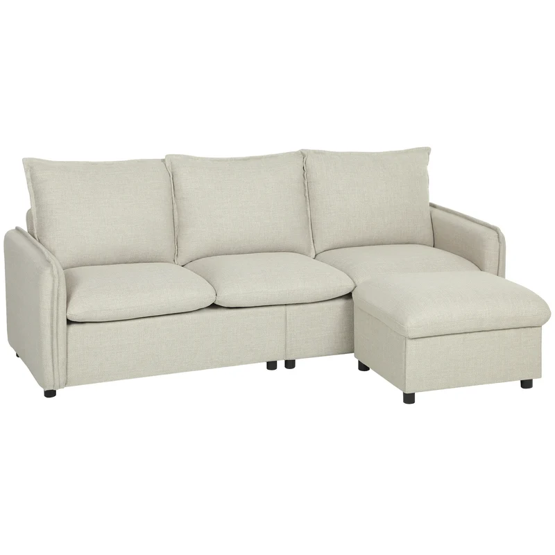 Canapé d'angle modulable 3 places pouf de rangement 212 x 125 x 84 cm confort mousse ressorts style moderne en lin crème 21_0003643