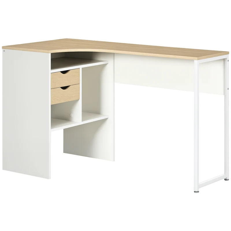Bureau d'angle 120 x 60 cm plateau incurvé large 3 niches 2 tiroirs moderne épuré en panneaux de particules chêne clair 21_0002475