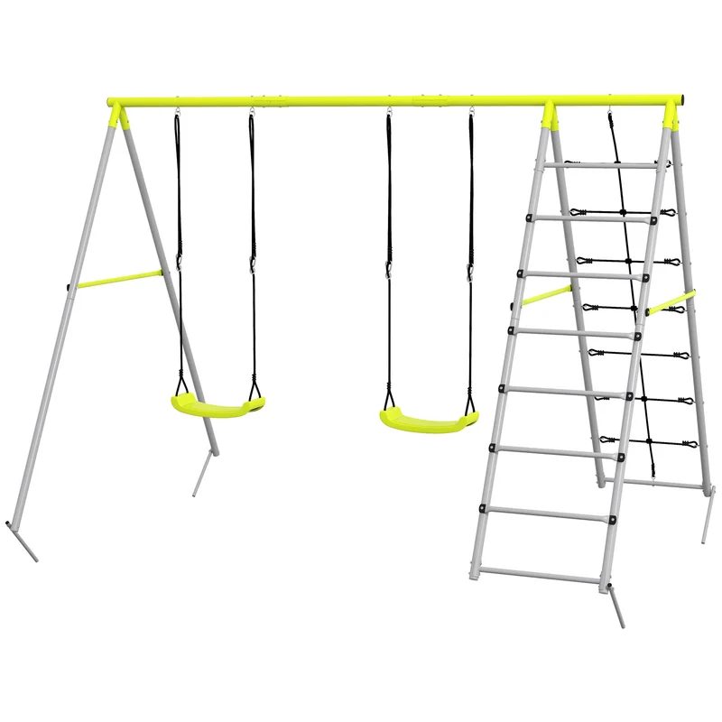 Balançoire portique espace jardin 260 x 185 x 180 cm pour 4 enfants filet escalade contemporain moderne en métal vert 21_0000377