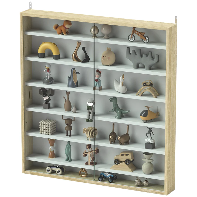 Vitrine murale pour collection 80 x 9,5 x 83 cm 6 étagères réglables portes coulissantes moderne en bois mélaminé chêne 21_0001781