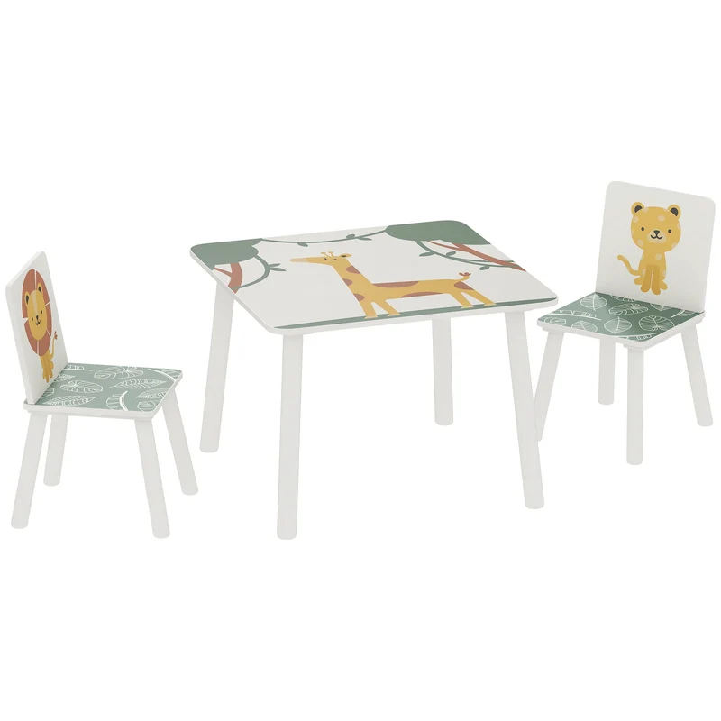 Table enfant avec 2 chaises 60 x 60 x 44 cm bords arrondis sécurité assise confortable scandinave décoratif en MDF vert 21_0000227
