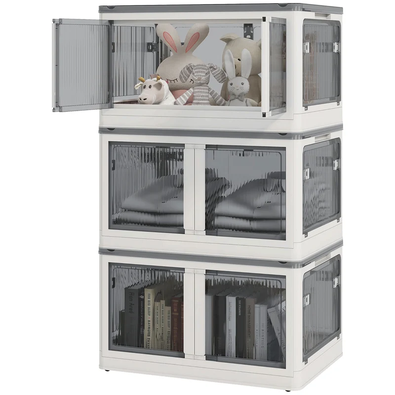 Lot de 3 bacs pliables salon bureau voiture 60 x 42 x 34 cm accès 5 côtés roulettes design épuré en polypropylène blanc 21_0002933