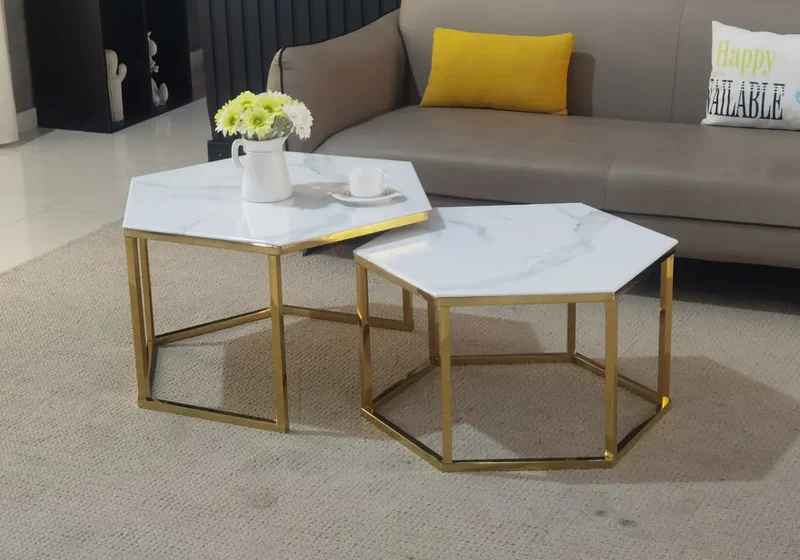 Tables basses gigognes dorées marbre beige - Lyna