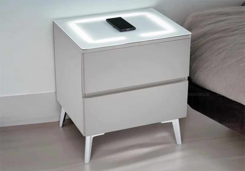 Table chevet led chargeur gris argent - Leni