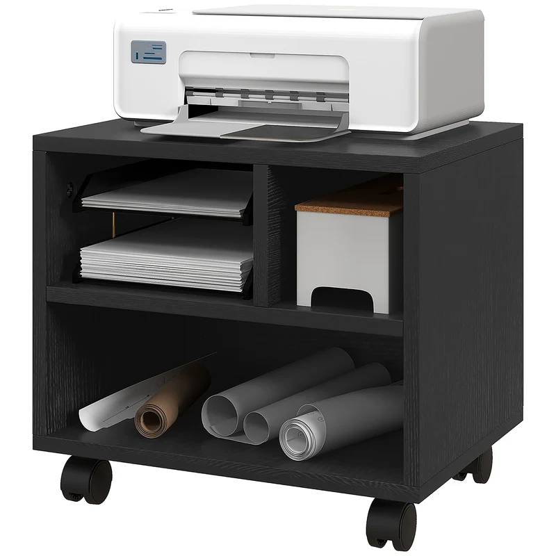 Support imprimante rangement bureau 40 x 30 x 36 cm sur roulettes freinables compact épuré en panneau de particules noir 21_0006398