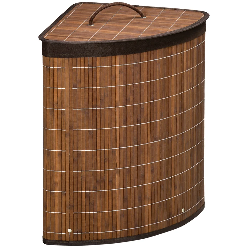 Panier à linge d'angle 38 x 38 x 57 cm grande capacité 55L doublure amovible couvercle scandinave épuré en bambou marron 21_0005829