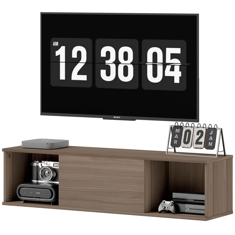 Meuble télévision mural 120 x 30 x 29,5 cm montage 2 niches porte abattante style épuré en panneau de particules marron 21_0002757