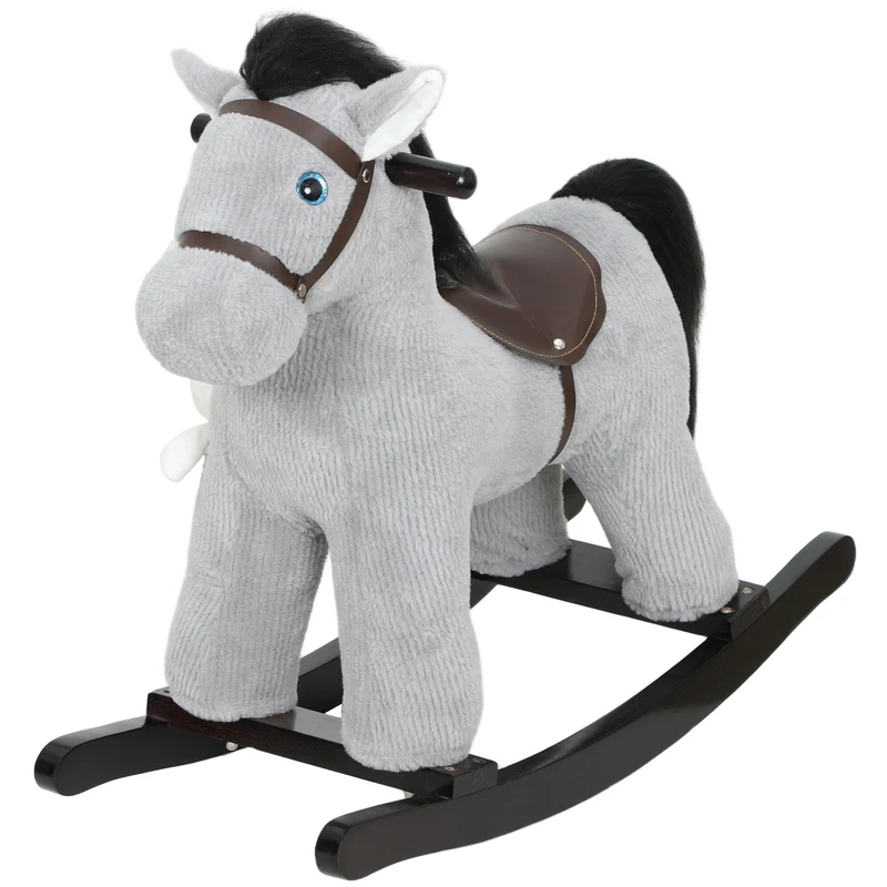 Cheval à bascule pour enfants 71 x 26 x 55 cm assise 35 cm sonore poupée incluse scandinave contemporain en bois gris 21_0000289