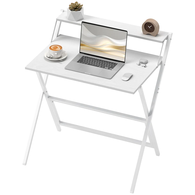 Bureau pliable gain de place 81,5 x 62 x 86,5 cm se replie pour rangement étagère moniteur moderne épuré en MDF blanc 21_0002529