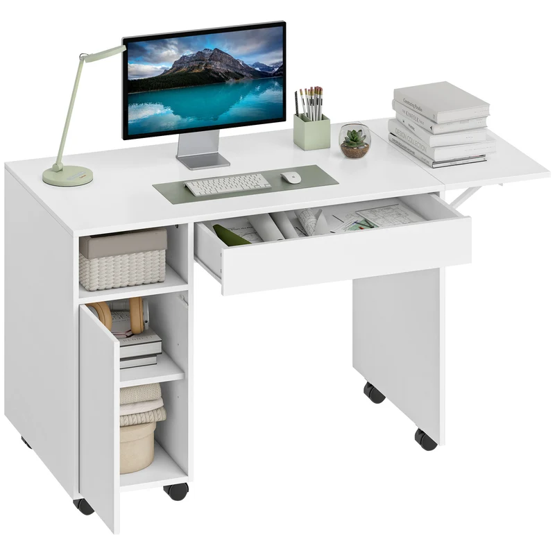 Bureau d'ordinateur pliable 130 x 58 x 73,2 cm rangement modulable roues à frein moderne en panneau de particules blanc 21_0002549