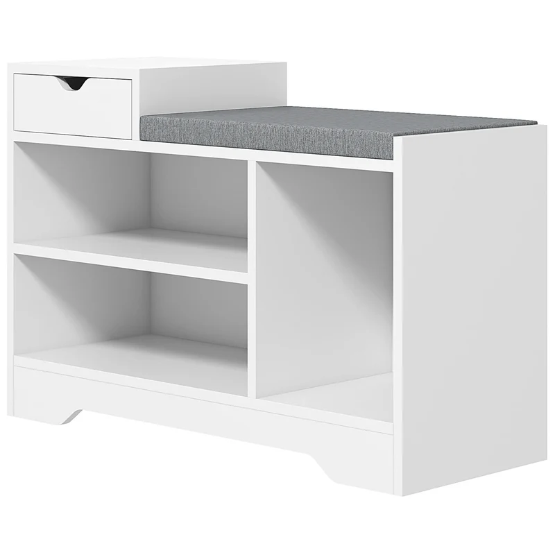 Banc d'entrée assise rembourrée 76.5 x 30 x 52 cm tiroir 3 compartiments confort utile contemporain épuré en MDF blanc 21_0002698