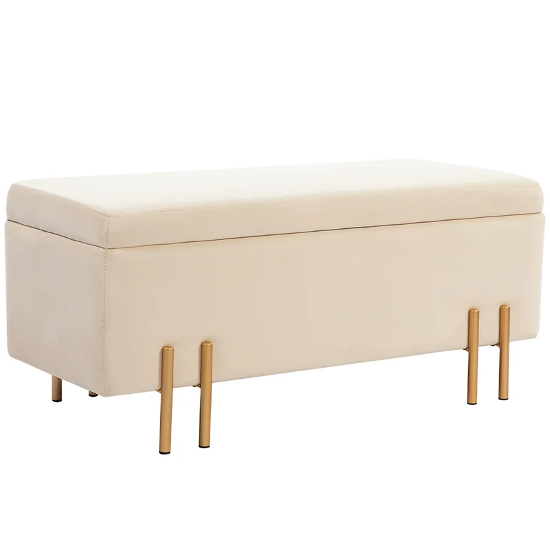 Banc coffre 100 x 40 x 42 cm rangement volumineux assise moelleuse contemporain scandinave entrée salon en velours beige 21_0002823
