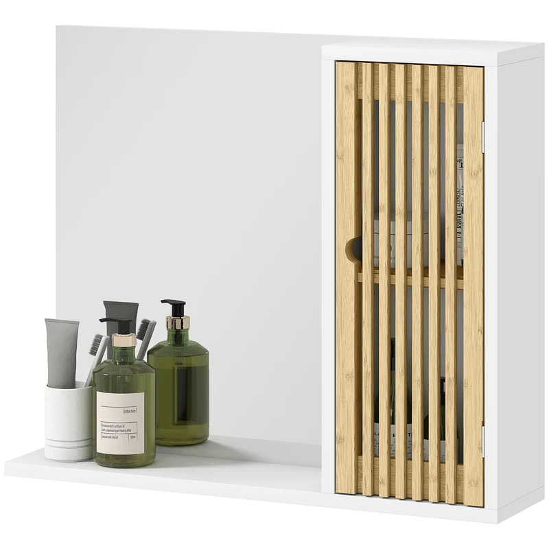 Armoire de salle de bain murale 60 x 14 x 50 cm miroir anti-éclats étagère réglable scandinave épuré en bambou blanc 21_0002078