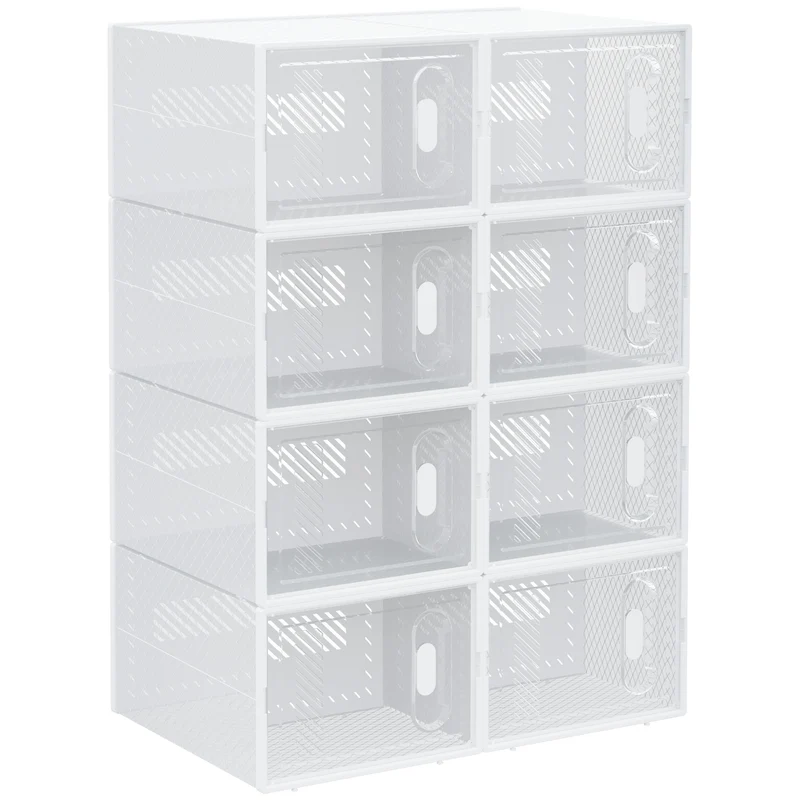 Lot de 8 boîtes cubes rangement chaussures modulable 25 x 35 x 19 cm portes transparentes empilable épuré en PP blanc 21_0005800