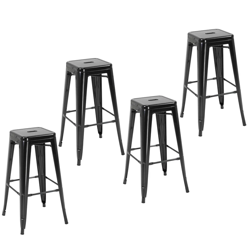 Lot de 4 tabourets de bar empilables 43 x 43 x 76 cm avec repose-pied anti-rayures style industriel en métal époxy noir 21_0002189
