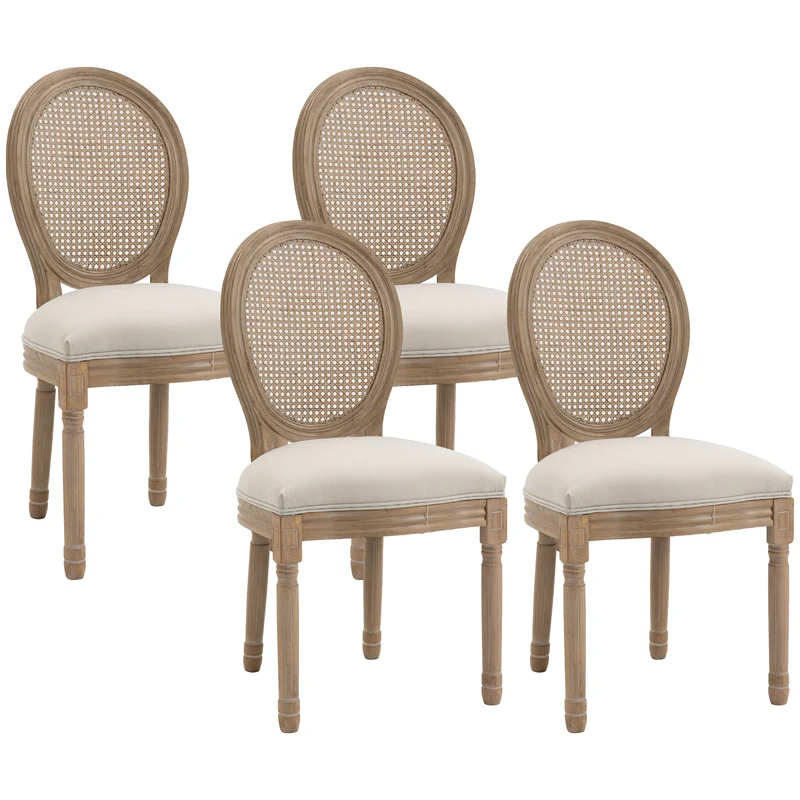 Lot de 4 chaises médaillon salle à manger 49 x 56 x 96 cm assise mousse dense dossier cannage classique en bois beige 21_0002364