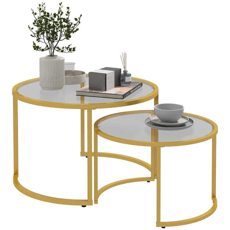 Lot de 2 tables basses gigognes rondes encastrables 70 x 48 cm et 54 x 43 cm gain de place moderne salon en acier doré 21_0003127
