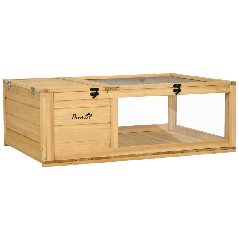 Enclos pour tortue double espace 91 x 60,5 x 32 cm niche fermée et zone grillagée contemporain épuré en bois jaune clair 21_0007827