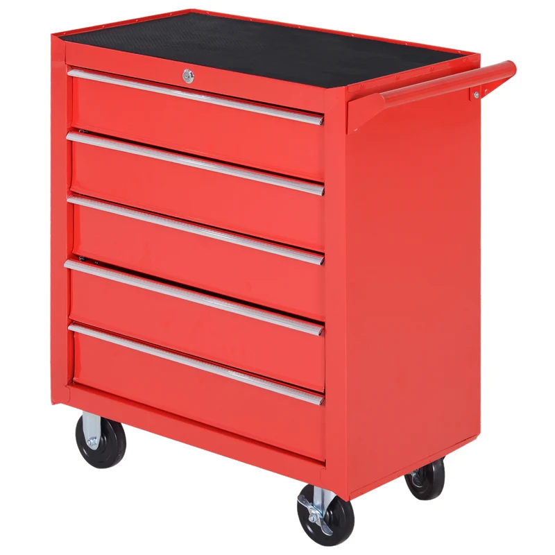 Chariot à outils atelier sur roulettes 69 x 33 x 75 cm 5 tiroirs verrouillables 2 clés compact industriel en acier rouge 21_0006971