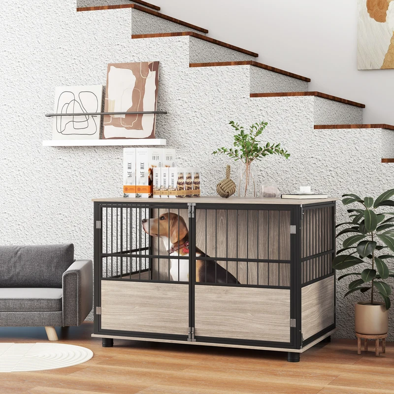 Cage pour chien table d'appoint 100 x 60 x 68 cm 3 portes plateau spacieux moderne épuré en panneau de particules noir 21_0007302